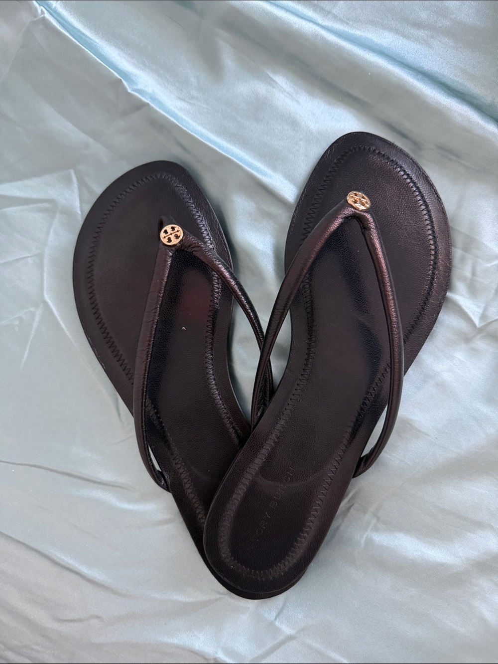 Tory Burch Black Leather Logo Flip Flops with Gold Emblem